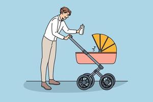 Lycklig faderskap och kommunikation med bebis begrepp. ung leende man far tecknad serie karaktär gående med sittvagn och nyfödd bebis inuti vektor illustration