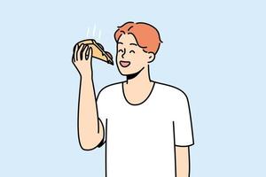 lächelnder junger Mann, der ein Stück Pizza isst. glücklicher Kerl genießt köstliches italienisches Fast Food. Küchenkonzept. Vektor-Illustration. vektor