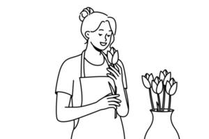 lächelnde Frau in Schürze mit Blumen im Shop. glückliche floristin, die mit rosenkomposition im blumenladen arbeitet. Vektor-Illustration. vektor