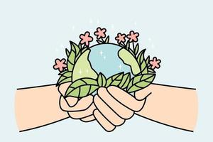 Personenhände, die den Planeten Erde mit blühenden Blumen halten. aktivist oder freiwilliger kümmern sich um die umwelt. Naturschutzkonzept. Vektor-Illustration. vektor