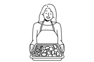 leende kvinna i förkläde innehav bricka med utsökt mat bakning. Lycklig hemmafru matlagning måltid på Hem. diet och näring. vektor illustration.