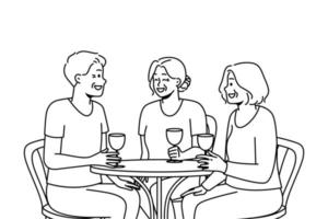 leende äldre människor sitta på tabell i restaurang dryck vin skrattande avkopplande tillsammans. glad mogna vänner njut av tid i Kafé. Lycklig mognad. vektor illustration.