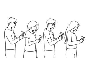 ung människor i linje med smartphones i händer Beroende till prylar. män och kvinnor med missbruk till mobiltelefoner. teknologi och modern värld. vektor illustration.