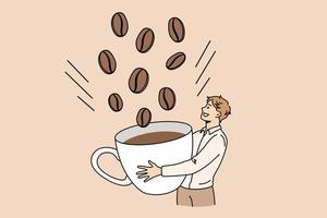 energi kaffe dryck frukost begrepp. ung leende man tecknad serie karaktär stående plockning enorm kaffe bönor till kopp vektor illustration