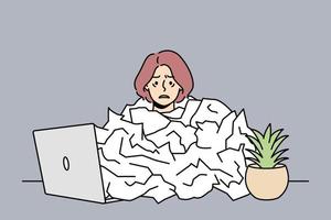 müde weibliche Angestellte unter Papierstapel, überwältigt von der Arbeit im Büro. erschöpfte Frau am Arbeitsplatz überarbeitet. Burnout und Müdigkeit. Vektor-Illustration. vektor