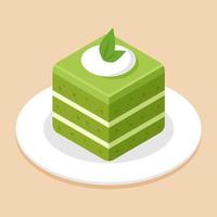skiva av matcha kaka eller grön te kaka i kub form på maträtt eller tallrik. utsökt ljuv efterrätt begrepp. isometrisk mat ikon. söt tecknad serie vektor illustration element. symbol av sötsaker. Kafé meny.
