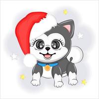 söt hund alaskan malamute i en santa hatt jul eller ny år vektor illustration