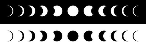 Mondphasen auf schwarzem und weißem Hintergrund. Mondkalender. die Bewegung des Mondes um die Erde. vektor