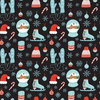 vinter- element jul sömlös mönster. vektor jul santa hatt, vantar, is skridskor, snöflingor och godis sockerrör på mörk bakgrund