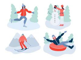 vinter- aktiviteter vektor uppsättning. rör och skidåkning och is skridskoåkning. kvinna framställning snögubbe.