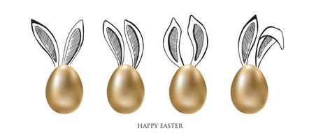 glad påsk. kaninernas öron. guld ägg. handritad illustration. vektor