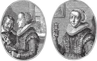 två menister systrar, knaprig skåpbil de passe ii, 1641, årgång illustration. vektor