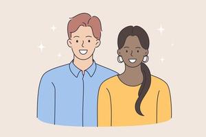 Lycklig par av vit man och afrikansk flicka. vektor begrepp illustration av modern races jämlikhet och ung familj lycka .