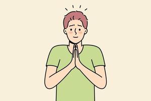 leende ung man med händer i bön fråga för förlåtelse. manlig Ansluta sig händer känna tacksam eller tacksam. tacksamhet begrepp. vektor illustration.