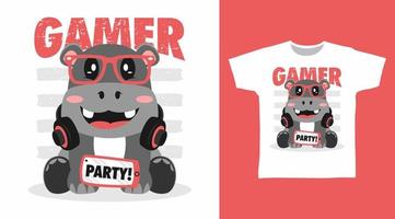 Häftigt flodhäst gamer tecknad serie tshirt konst design vektor