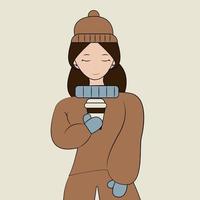 flicka i vinter- innehav en kaffe kopp vektor