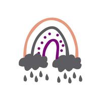 abstrakter regenbogen mit wolken und regen handgezeichnet im boho-stil. trendfarben 2022. gekritzel. karte, plakat, symbol, designdekorelement vektor