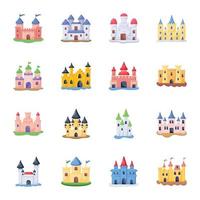 packa av slott byggnader platt ikoner vektor