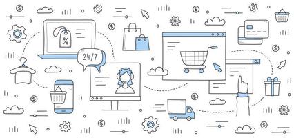 e-commerce, webshop handgezeichnete illustration vektor