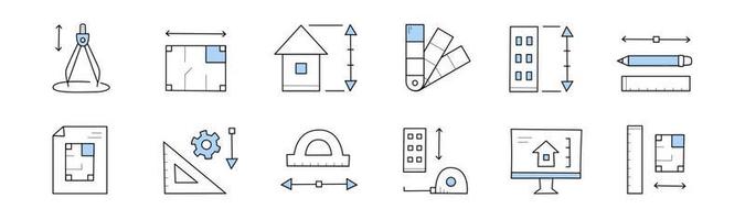Stellen Sie Architekten-Doodle-Symbole, Bauprojektschilder ein vektor