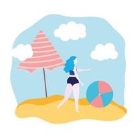 flicka med boll och paraply på stranden vektor
