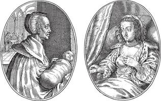 hebamme und miss katelijn, cris pain van de passe ii, 1641, vintage illustration. vektor