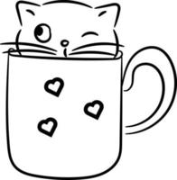 Katze in einer Tasse mit Herzen, Illustration, Vektor auf weißem Hintergrund.