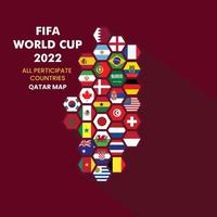 fifa värld kopp qatar 2022. Allt kvalificerad länder, match schema mall, fotboll resultat tabell, fixturer, flaggor av värld länder. qatar Karta vektor fotboll bakgrund.
