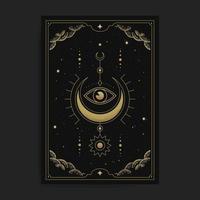 en halvmåne måne med de inre öga eller ett öga, kort illustration med esoterisk, boho, andlig, geometrisk, astrologi, magi teman, för tarot läsare kort eller posters vektor