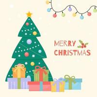jul träd och gåva lådor. glad jul och Lycklig ny år. design för hälsning kort, vykort, webb, affischer. platt stil. vektor