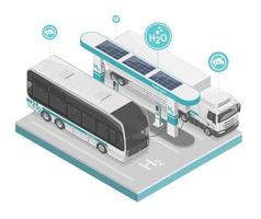 grön väte station h2 begrepp energi kraft växt kraft ekologi systemet för låg utsläpp för buss och lastbil diagram isometrisk vektor