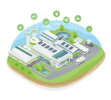 eco fabrik begrepp ekologi för industri med sol- cell energi och avloppsvatten behandling på grön isolera isomatisk vektor