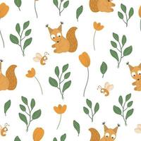 vektor sömlös mönster av hand dragen platt rolig bebis ekorre med löv och orange blommor. skog tema upprepa bakgrund för barn design. söt animaliskt bakgrund