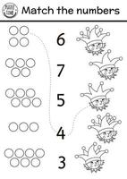 Passen Sie das Zahlenspiel mit Possenreißer und Glocken am Hut an. Schwarz-Weiß-Märchen-Mathe-Aktivität für Kinder im Vorschulalter. Magic Kingdom druckbares Arbeitsblatt zum Zählen oder Färben für Kinder vektor