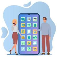 en ung man och kvinna stå Nästa till en smartphone.the begrepp av använder sig av smartphones och Övrig modern teknologier.platt vektor illustration.