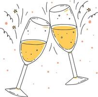 två glasögon av champagne på en vit bakgrund, en rostat bröd. jul, årsdag eller bröllop firande. vektor klotter hand dragen illustration.