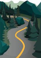 graue Straße mit gelbem Streifen mitten in einem dunkelgrünen Wald vektor