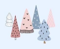 eine Reihe süßer Weihnachtsbäume im Doodle-Stil. vektor