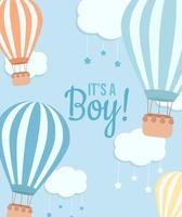 dess en pojke bebis dusch kort med en varm luft ballonger och moln med en stjärnor på de blå bakgrund vektor