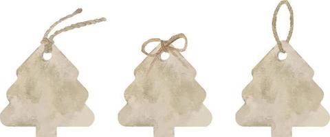 Set von Aquarell-Kraftpapier-Tags in Form eines Weihnachtsbaums isoliert auf weißem Hintergrund. Einkaufsetiketten mit Schnüren. Illustration von beige leeren Kraftetiketten vektor