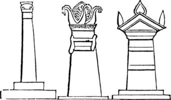 Grabsäulen verschiedener Formen oder ein griechisches Theater, Vintage-Gravur. vektor