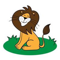 söt lejon tecknad serie. en leende lejon är Sammanträde på de grön gräs. teckning på en vit bakgrund vektor