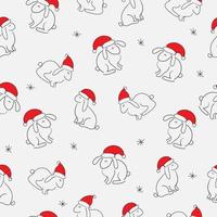 Kaninchentierkunstlinie, Vektor modernes nahtloses Muster auf Weiß. chinesisches neujahrssymbol 2023. süße Hasen in Weihnachtsmütze