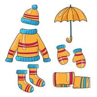 uppsättning av höst kläder i gul orange Färg. Tröja, hatt, scarf, strumpor, vantar och paraply. tecknad serie ikoner på vit bakgrund. vektor