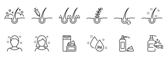 Symbole für die Linie der Haarpflege. Haarpflege und Haarausfall. Behandlung und Problem der Haare. Kosmetikprodukte für Frisurumrisssymbole. editierbarer Strich. isolierte vektorillustration. vektor