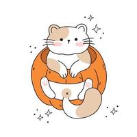 Zeichnen Sie lustige Katzensitzplätze in einem Kürbis kawaii Katze mit Kürbis für Thanksgiving und Herbst fallen Vektorillustration Katzenfigurensammlung. Doodle-Cartoon-Stil. vektor