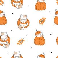 Zeichnen Sie nahtlose Muster mit niedlichen Katzen Thanksgiving Herbst Herbst und Kürbisse auf weißem Hintergrund Doodle Cartoon-Stil vektor