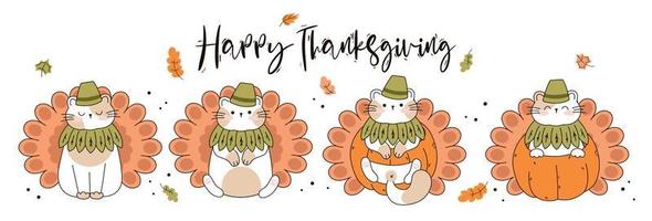 Zeichnen Sie lustige Katzen in einem Thanksgiving-Kürbis Truthahn kawaii Katze mit Kürbis für Thanksgiving und Herbst fallen Vektor-Illustration Katzen-Charakter-Sammlung. Doodle-Cartoon-Stil. vektor