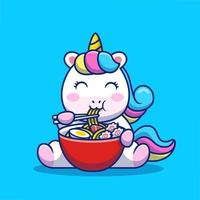 süßes einhorn essen ramen-nudel-cartoon-vektor-symbol-illustration. Tierfutter-Icon-Konzept isolierter Premium-Vektor. flacher Cartoon-Stil vektor