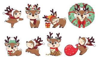 sammlung süßer neujahrshirsche in verschiedenen posen mit stechpalme, weihnachtsmütze, weihnachtskranz und geschenken im gekritzel-cartoon-stil vektor